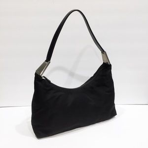 Prada Black Tessuto Nylon and Leather Silver Metal Detail Hobo Bag